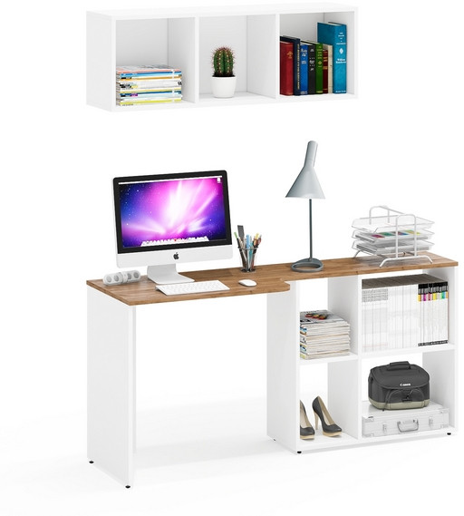 Лидер-8 Стол + Полка, белый шагрень/крафт золото