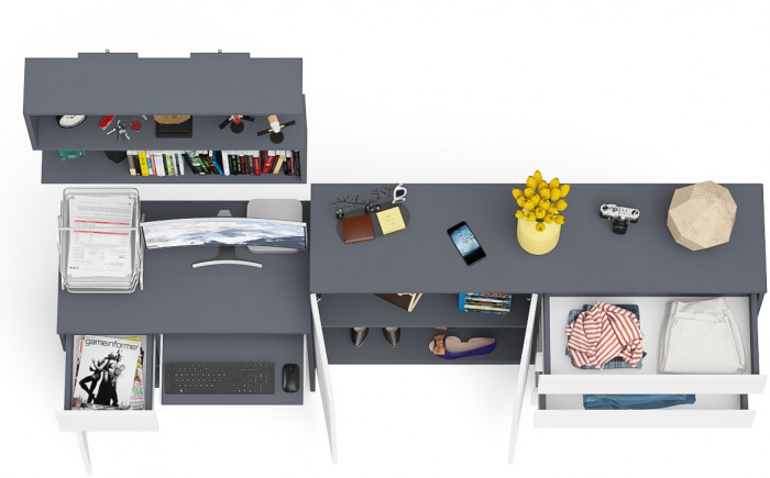 Мори компьютерный стол МС-1 левый + Комод МК1600.1 + Полка 900, графит/белый