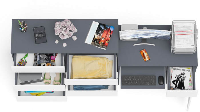 Мори компьютерный стол МС-1 правый + Комод МК1200.8, графит/белый