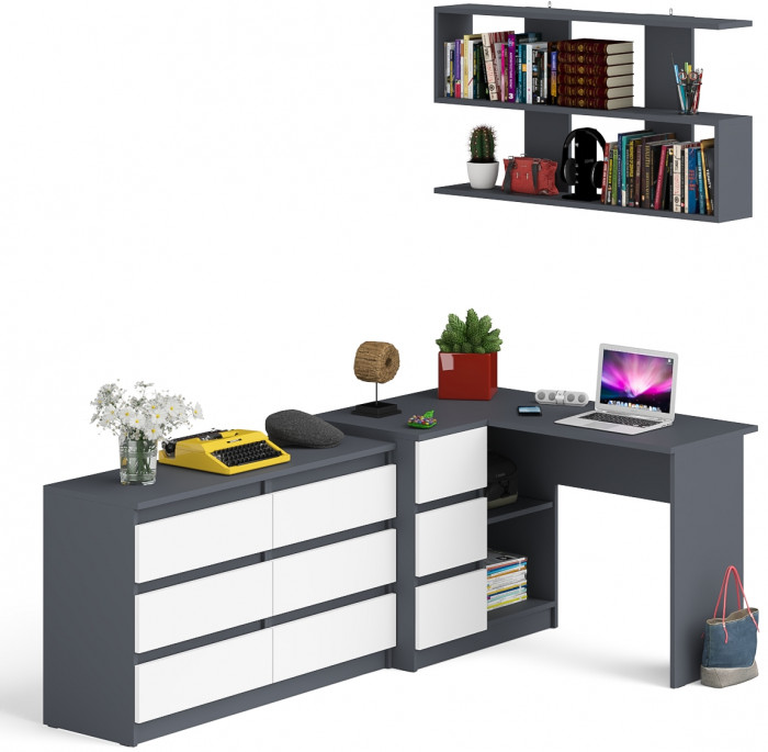 Мори компьютерный стол МС-16 левый + Комод МК1200.6 + Полка 1200, графит/белый