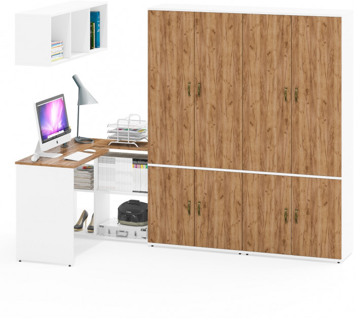 Лидер-8 Стол + Полка + Шкаф МД 20Б + Шкаф МД 20Б, цвет белый шагрень/крафт золото, ШхГхВ 325х50/37,5х75/190 или 115х240/50х75/190 см., НЕ ун. сборка