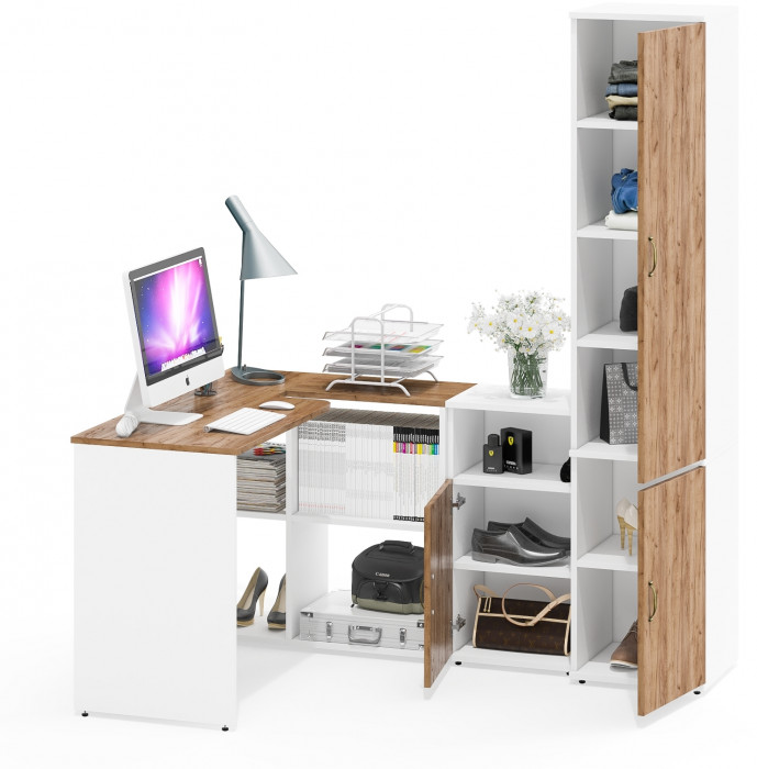 Лидер-8 Стол + Тумба МД 3.19 + Пенал МД 22Б, цвет белый шагрень/крафт золото, ШхГхВ 245х50/37,5х75/190 или 115х160/50х75/190 см., НЕ ун. сборка