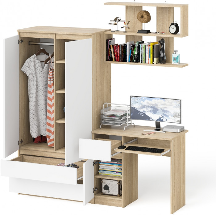Мори Стол компьютерный МС-1 левый + Шкаф МШ900.1 + Полка 900, цвет дуб сонома/белый, ШхГхВ 180,4х50,4х209,6 см., НЕ универсальная сборка