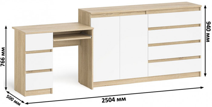 Мори Стол компьютерный МС-6 левый + Комод МК1600.1, цвет дуб сонома/белый, ШхГхВ 250,4х50х94 см., выдвижные ящики слева, НЕ универсальная сборка