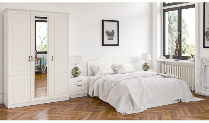 Ливерпуль Спальня № 1 Кровать 11.08ОСН + две Тумбы 08.146 + Шкаф 08.45Н + карниз, ясень ваниль/белый