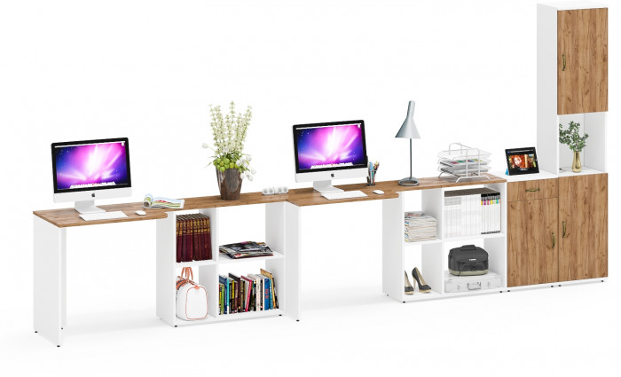 Лидер-8 Стол + Стол + Пенал + Тумба МД 3.15, белый шагрень/крафт золото