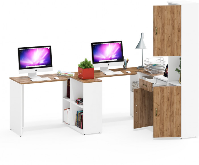 Лидер-8 Стол + Стол + Пенал + Тумба МД 3.15, белый шагрень/крафт золото