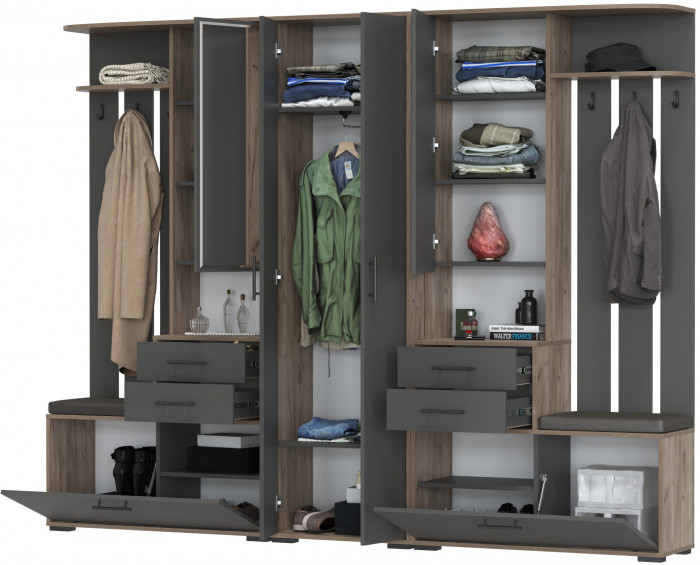 Прихожая Домино 3, цвет дуб крафт табачный/графит, ШхГхВ 260х36х202 см., универсальная сборка