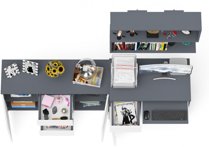 Мори компьютерный стол МС-1 левый + Комод МК1200.3 + Полка 900, графит/белый