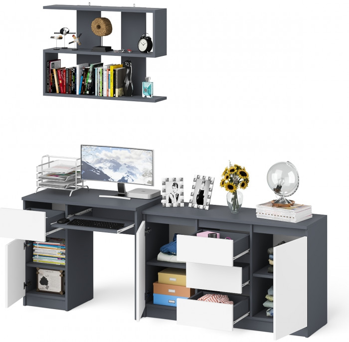Мори компьютерный стол МС-1 левый + Комод МК1200.3 + Полка 900, графит/белый