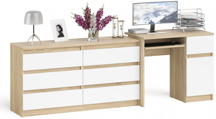 Мори компьютерный стол МС-1 правый + Комод МК1380.6, дуб сонома/белый