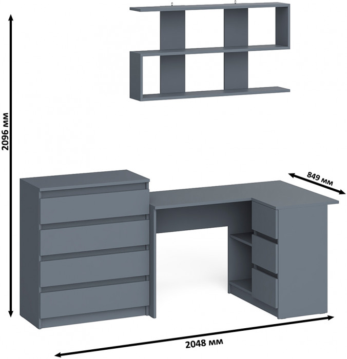 Мори компьютерный стол МС-16 правый + Комод МК800.4 + Полка 1200, графит