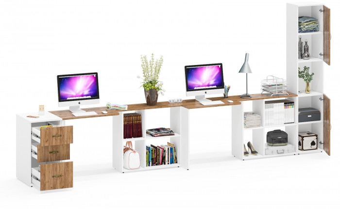 Лидер-8 Стол + Стол + Пенал + Тумба МД 3.16, белый шагрень/крафт золото