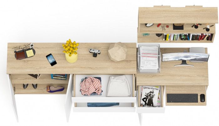 Мори компьютерный стол МС-1 левый + Комод МК1600.1 + Полка 900, дуб сонома/белый