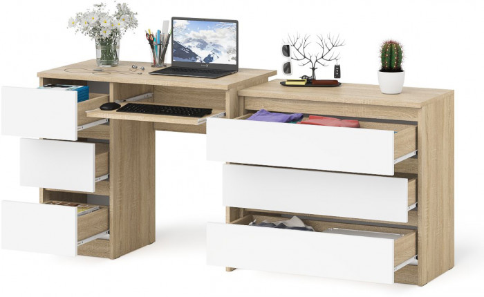 Мори компьютерный стол МС-6 левый + Комод МК800.1, дуб сонома/белый
