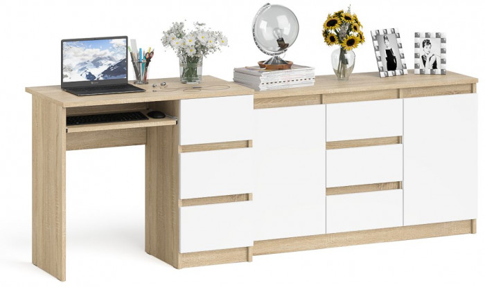 Мори компьютерный стол МС-6 правый + Комод МК1200.3, дуб сонома/белый