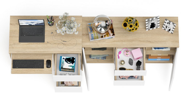 Мори компьютерный стол МС-6 правый + Комод МК1200.3, дуб сонома/белый