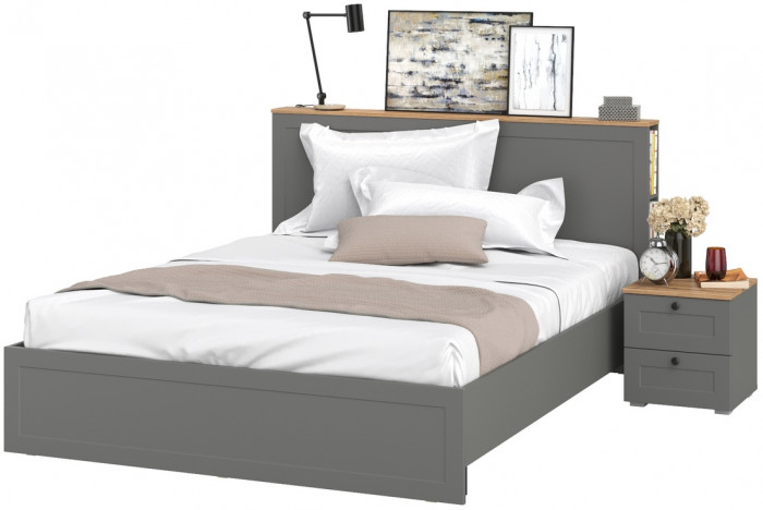 Остин 11.53 Кровать + ортопед + 16.152 Тумба прикроватная, серый графит/дуб крафт золотой