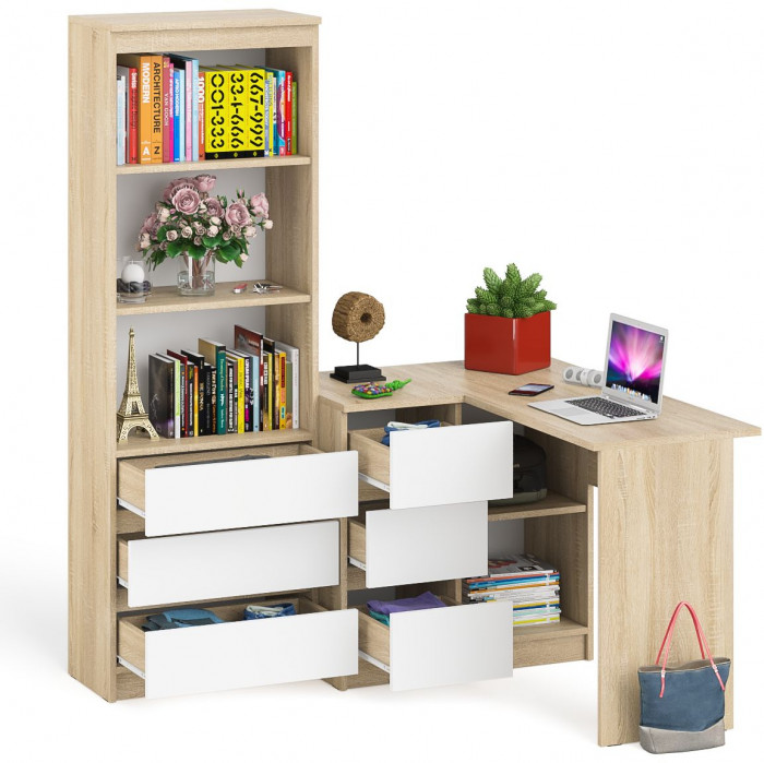 Мори Стол компьютерный МС-16 левый + Стеллаж МСТ600.3, цвет дуб сонома/белый, ШхГхВ 184,8х84,9х179,6 см., выдвижные ящики слев, НЕ универс. сборкаа