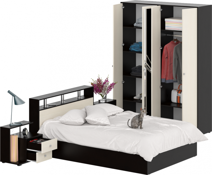 Камелия спальня № 1 Кровать 1400 + Две тумбы + Шкаф 4-х створчатый, венге/дуб лоредо