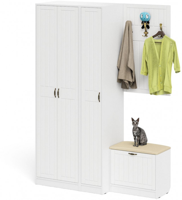 Прихожая П-6 Компоновка № 47, цвет белая шагрень/фасады МДФ белое дерево фрезеровка прованс, ШхГхВ 150х50х210 см., универсальная сборка