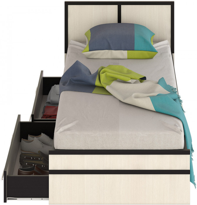 Сакура Кровать с ящиками 0900, цвет венге/дуб лоредо, ШхГхВ 93,5х203,5х80 см., сп.м. 900х2000 мм., без матраса, основание есть, универсальная сборка