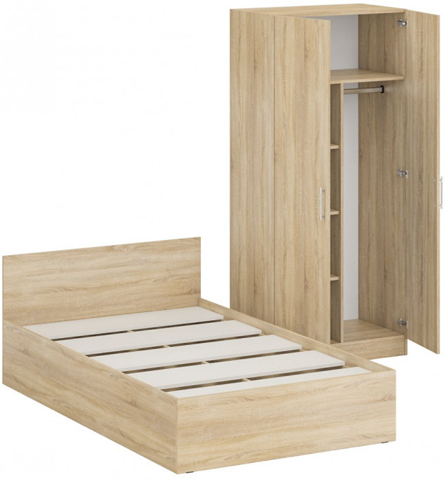 Кровать 1200 + Шкаф 2-х створчатый Стандарт, цвет дуб сонома, ШхГхВ 123,5х203,5х70 + 90х52х200 см., сп.м. 1200х2000 мм., без матраса, основание есть