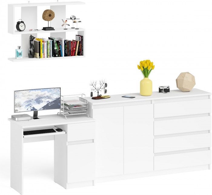 Мори компьютерный стол МС-1 правый + Комод МК1600.1 + Полка 900, белый
