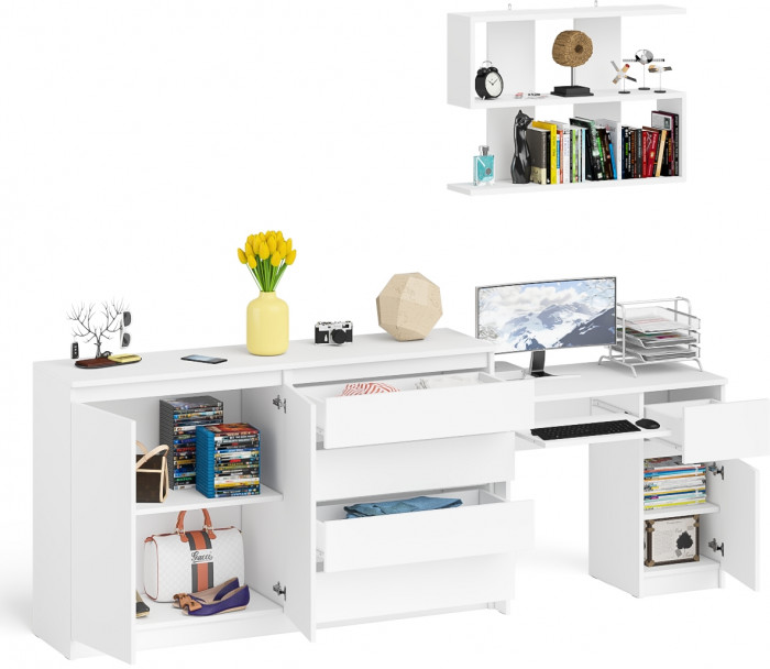 Мори компьютерный стол МС-1 правый + Комод МК1600.1 + Полка 900, белый