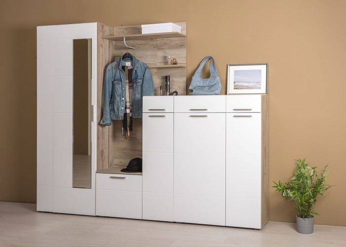 Лайн Прихожая № 11, цвет дуб крафт серый/фасады МДФ белый глянец, ШхГхВ 256,8х35,1х210 см., НЕ универсальная сборка