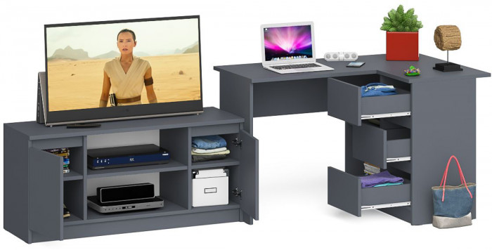 Мори Стол компьютерный МС-16 правый + Тумба МТВ1200.1, цвет графит, ШхГхВ 244,8х84,9х76,6 см., выдвижные ящики справа, НЕ универсальная сборка