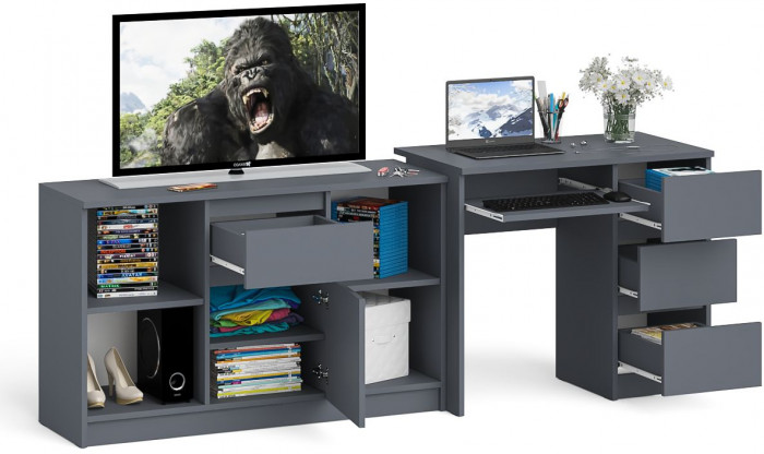 Мори Стол компьютерный МС-6 правый + Тумба МТВ1204.1, цвет графит, ШхГхВ 210,4х50х76,6 см., выдвижные ящики справа, НЕ универсальная сборка