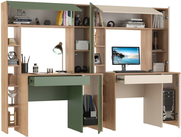 Два стола комп.Комфорт 12.71, гикори рокфорд натуральный/дымчатый зелёный/гикори рокфорд натур./сатин