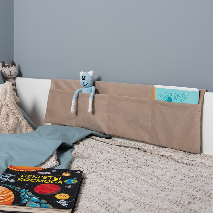 Джастин 11.55 Кровать + Накладка-карман, цвет белый шагрень/ткань серо-бежевая, ШхГхВ 163,8х84х70,6 см., сп. м. 800х1600 мм., б/м, основание есть