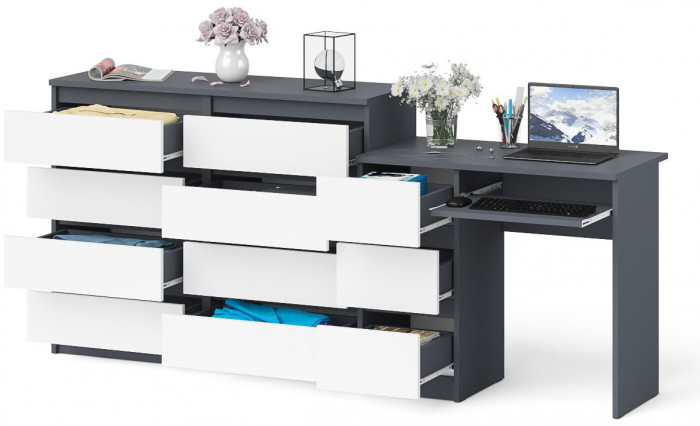 Мори компьютерный стол МС-6 левый + Комод МК1200.8, графит/белый