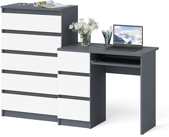 Мори Стол компьютерный МС-6 левый + Комод МК700.5, цвет графит/белый, ШхГхВ 160,4х50х114 см., выдвижные ящики слева, НЕ универсальная сборка