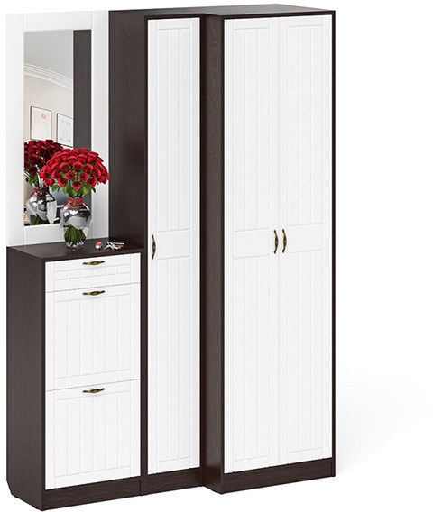 Прихожая П-6 Компоновка № 29, венге/фасады МДФ белое дерево фрезеровка прованс