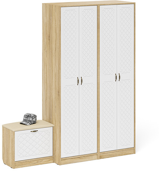 Прихожая П-6 Компоновка № 07, дуб сонома/фасады МДФ белое дерево фрезеровка ромб