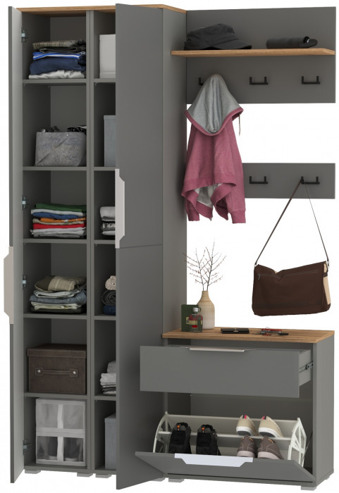 Октава Прихожая 20, цвет серый графит/дуб крафт золотой/фасады МДФ серый графит, ШхГхВ 129,3х35,4х197,6 см., универсальная сборка