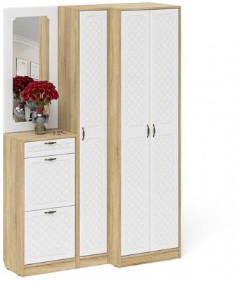 Прихожая П-6 Компоновка № 29, цвет дуб сонома/фасады МДФ белое дерево фрезеровка ромб, ШхГхВ 140х50х210 см., универсальная сборка