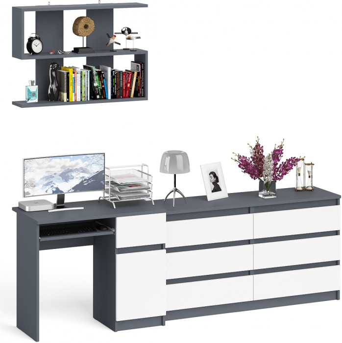 Мори компьютерный стол МС-1 правый + Комод МК1380.6 + Полка 900, графит/белый
