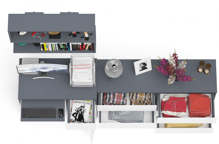 Мори компьютерный стол МС-1 правый + Комод МК1380.6 + Полка 900, графит/белый