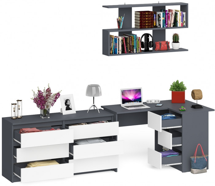Мори компьютерный стол МС-16 правый + Комод МК1380.6 + Полка 1200, графит/белый