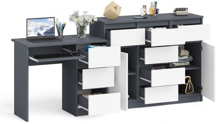 Мори компьютерный стол МС-6 правый + Комод МК1200.4, графит/белый