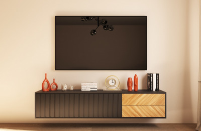 Тумба под телевизор "Шелтон" - Черный/Дуб сиена янтарный