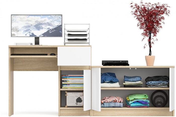 Мори Стол компьютерный МС-1 правый + Тумба МА900.1, цвет дуб сонома/белый, ШхГхВ 180,4х50,4х76,6 см., выдвижной ящик справа, НЕ универсальная сборка