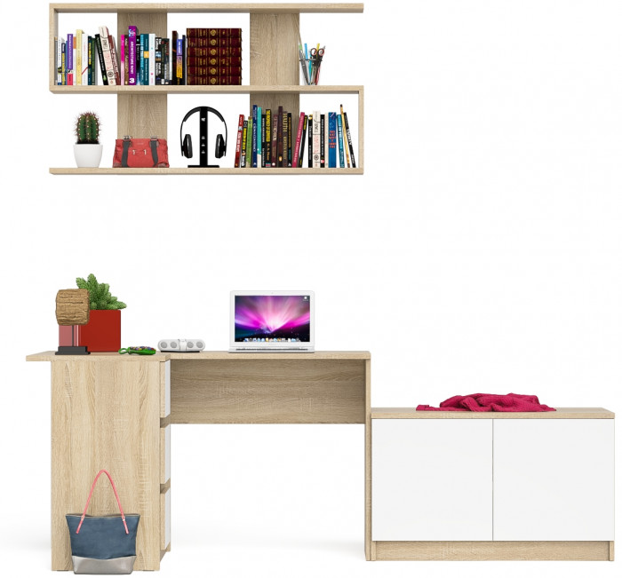 Мори Стол компьютерный МС-16 левый + Тумба МА900.1 + Полка 1200, цвет дуб сонома/белый, ШхГхВ 214,8х84,9х209,6 см., НЕ универсальная сборка