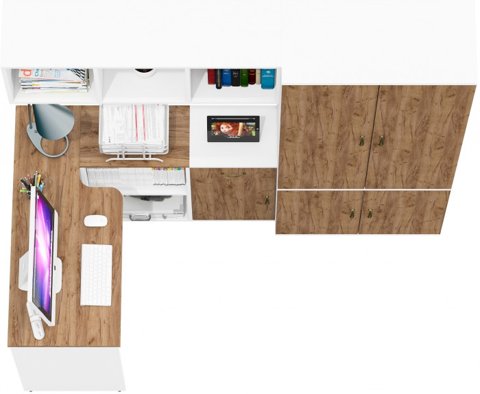 Лидер-8 Стол + Полка + Тумба МД 3.15 + Шкаф МД 20Б, белый шагрень/крафт золото