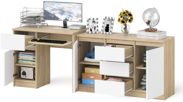 Мори компьютерный стол МС-1 левый + Комод МК1200.3, дуб сонома/белый