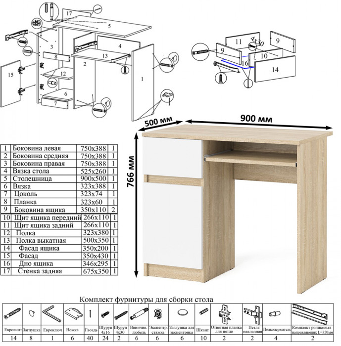 Мори компьютерный стол МС-1 левый + Комод МК1200.3, дуб сонома/белый